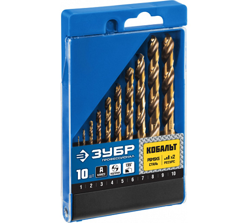 Набор сверл по металлу 1-10 мм (10 шт.) Р6М5К5, класс А ЗУБР КОБАЛЬТ Набор сверл по металлу 1-10 мм (10 шт.) Р6М5К5, класс А ЗУБР КОБАЛЬТ