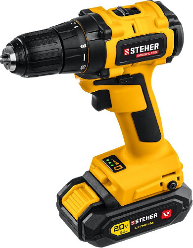 Дрель-шуруповерт аккумуляторная 20 В, 45 Нм, 1*2 Ач, бесщеточный двиг. в кейсе STEHER Дрель-шуруповерт аккумуляторная 20 В, 45 Нм, 1*2 Ач, бесщеточный двиг. в кейсе STEHER