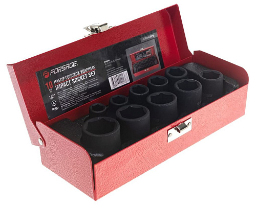 Набор головок торцевых ударных 10-24 мм (1/2") 6 гр., 10 предм., в кейсе Forsage F-4101-5MPB Набор головок торцевых ударных 10-24 мм (1/2") 6 гр., 10 предм., в кейсе Forsage F-4101-5MPB