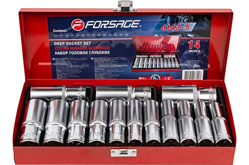Набор головок торцевых глубоких 11-30 мм (1/2") 6 гр., 14 предм. в метал. кейсе Forsage F-4143-5 Набор головок торцевых глубоких 11-30 мм (1/2") 6 гр., 14 предм. в метал. кейсе Forsage F-4143-5