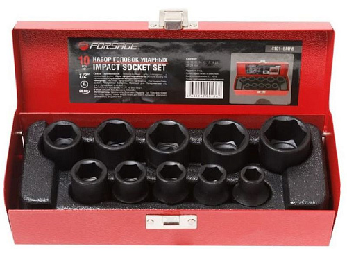 Набор головок торцевых ударных 10-24 мм (1/2") 6 гр., 10 предм., в кейсе Forsage F-4101-5MPB Набор головок торцевых ударных 10-24 мм (1/2") 6 гр., 10 предм., в кейсе Forsage F-4101-5MPB