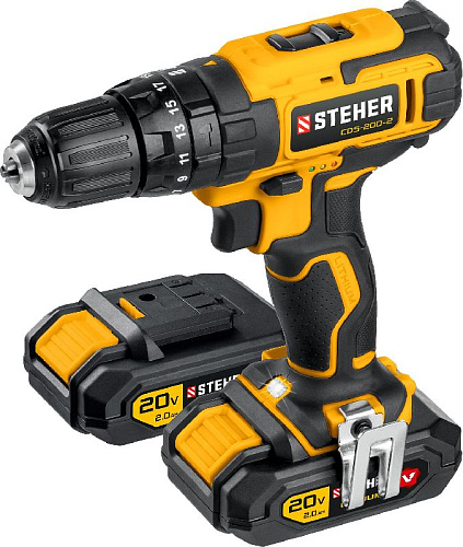 Дрель-шуруповерт аккумуляторная ударная 20 В, 40 Нм, 2*2 Ач в кейсе STEHER Дрель-шуруповерт аккумуляторная ударная 20 В, 40 Нм, 2*2 Ач в кейсе STEHER