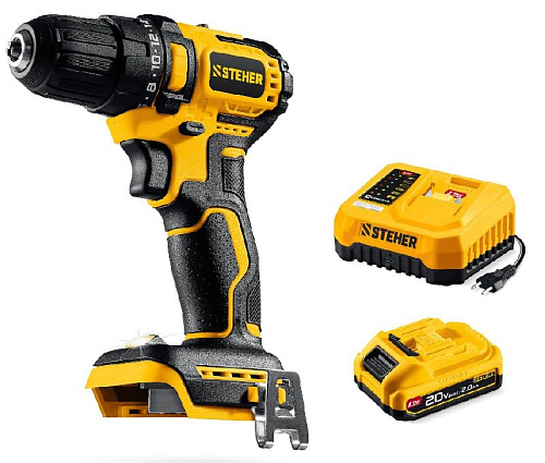 Дрель-шуруповерт аккумуляторная ударная 20 В, 45 Нм, 1*2 Ач LMS бесщеточный двиг. STEHER Дрель-шуруповерт аккумуляторная ударная 20 В, 45 Нм, 1*2 Ач LMS бесщеточный двиг. STEHER
