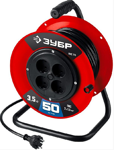 Удлинитель на катушке ПВС 50 м, 4 гнезда, 2*1,5 кв.мм, 3500 Вт ЗУБР Мастер ПВС-215 Удлинитель на катушке ПВС 50 м, 4 гнезда, 2*1,5 кв.мм, 3500 Вт ЗУБР Мастер ПВС-215