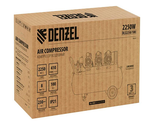 Компрессор безмасляный 100 л, 2,25 кВт (3х0,75), 410 л/мин, 230 В, блок управл Denzel DLS 2250/100 Компрессор безмасляный 100 л, 2,25 кВт (3х0,75), 410 л/мин, 230 В, блок управл Denzel DLS 2250/100