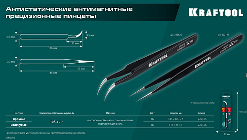 Пинцет 116 мм изогнутый антимагнитный, антистатический, прецизионный KRAFTOOL Пинцет 116 мм изогнутый антимагнитный, антистатический, прецизионный KRAFTOOL