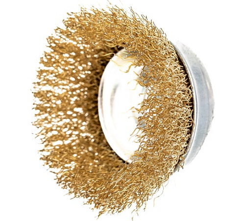 Щетка чашечная 65 мм для дрели со шпилькой витая латунир. проволока MATRIX Щетка чашечная 65 мм для дрели со шпилькой витая латунир. проволока MATRIX